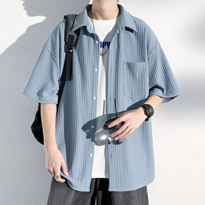 saferido Men's Short Sleeve Shirts Solid Color Blouses Fashion Streetwear Clothes College Style Tops Spring Summer Male Cardigan