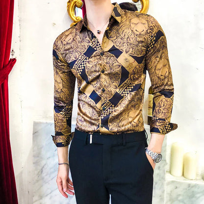 saferido British Style Men's Business Casual Shirts/Male Slim Fit Printing Leisure Long Sleeve Shirts Tops Plus Size S-4XL