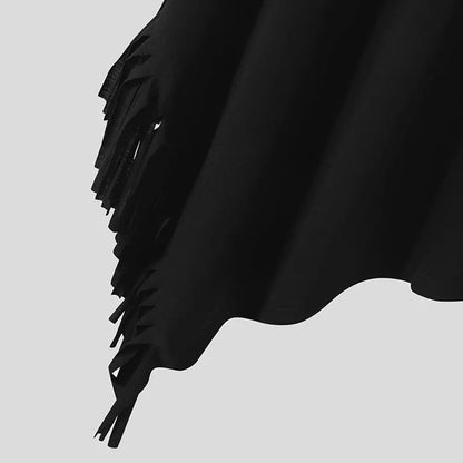 saferido 2024 New Men T Shirt Tassel Solid Color Cloak Punk Style Streetwear Fashion Irregular Tops O-neck Loose Casual Cape Camisetas