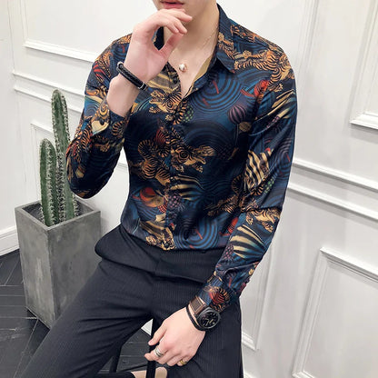 saferido British Style Men's Business Casual Shirts/Male Slim Fit Printing Leisure Long Sleeve Shirts Tops Plus Size S-4XL