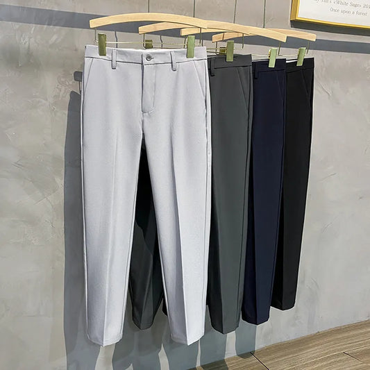 saferido Korean Style Fashion Ankle Length Suit Pants Men High Waist Solid Blue Black Gray Casual Straight Adjustable Waist Trousers