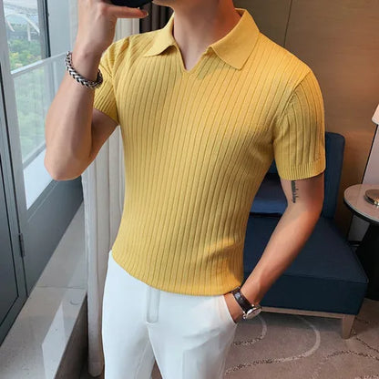 saferido  British Style Men's Summer Casual Short Sleeves Polo Shirts/Male Slim Fit High Quality Stripe Knitted V-neck Polo Shirts