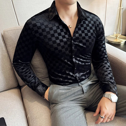 saferido Men Clothing Spring High Quality Canary Velvet Long Sleeve Shirts/Male Slim Fit Plaid Luxury Office Dress Shirts Plus Size 4XL-M