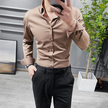 saferido British Style Striped Shirts Mens Long Sleeve Business Formal Dress Shirt Casual Slim Fit Shirt Streetwear Social Party Clothing