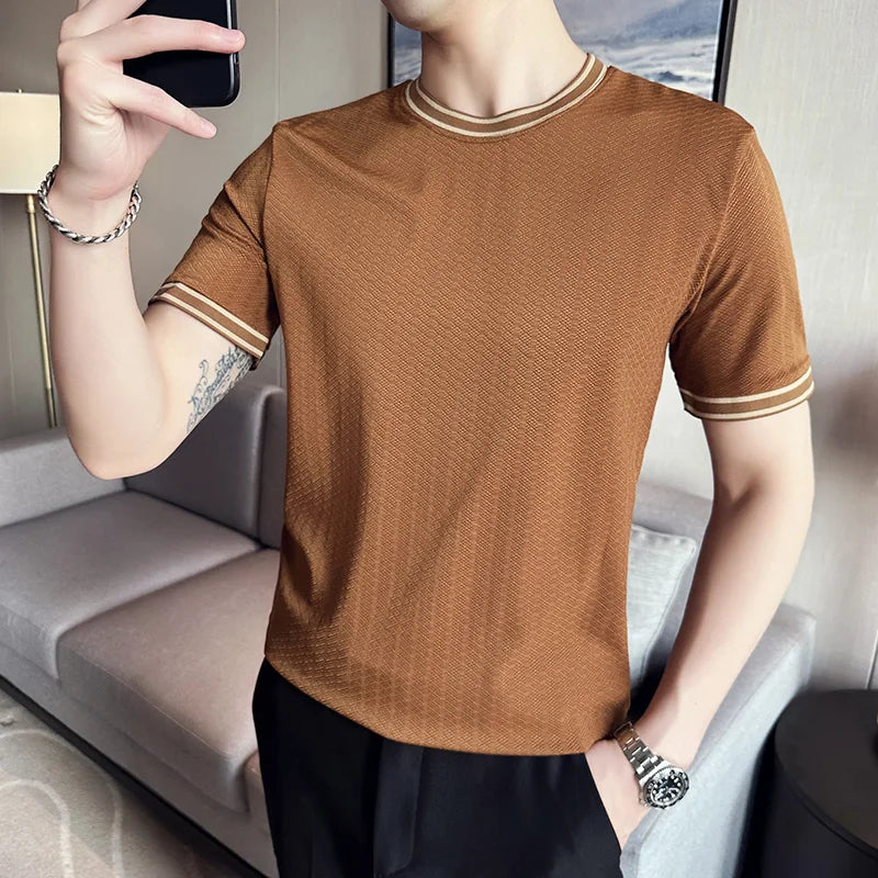 saferido British style Men's summer casual short sleeves Jacquard ice silk T-shirt/Male slim fit Round neck fashion T-shirts S-4XL
