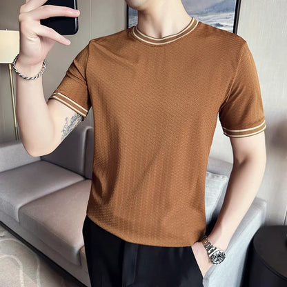 saferido British style Men's summer casual short sleeves Jacquard ice silk T-shirt/Male slim fit Round neck fashion T-shirts S-4XL