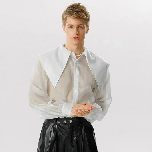 Tops Palace Style Men's See-through Organza Thin Shirts Casual Fashion Male Long Sleeved  Large Lapel Blouse S-5XL