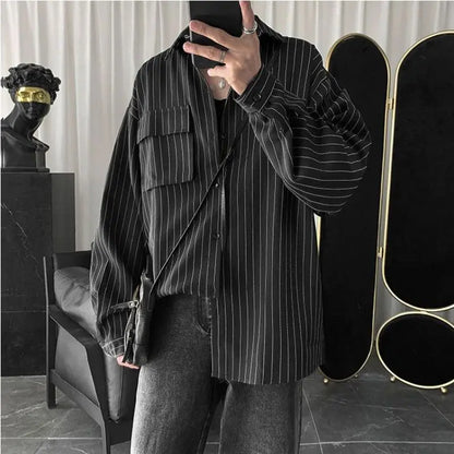 New Spring and Autumn Fashion Hong Kong Style Polo Neck Stripe Casual Loose Fashion Versatile Long Sleeve Men's Thin Shirt