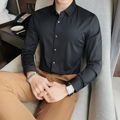 saferido Men Spring High Quality Business Shirts/Male Slim Fit Solid Color Ice silk With Long Sleeves Shirts/Man Casual Dress Shirts