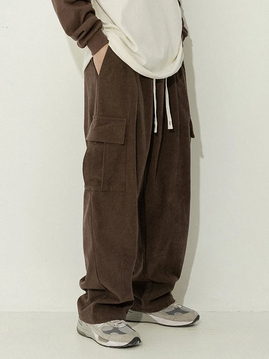 saferido Japanese corduroy casual pants for men's autumn and winter vintage loose work clothes with pleated pockets and cuffs design