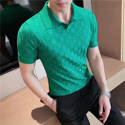 saferido  British Style Men's Casual Summer Knitting POLO Shirts/Male Slim Fit High Quality Plaid Casual Short Sleeve Polo Shirts 4XL