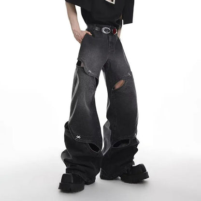 Wide Leg Jeans Pants Men Streetwear Baggy Distressed Denim Trousers Male Oversize Hollow Out Casual Korean Hip Hop