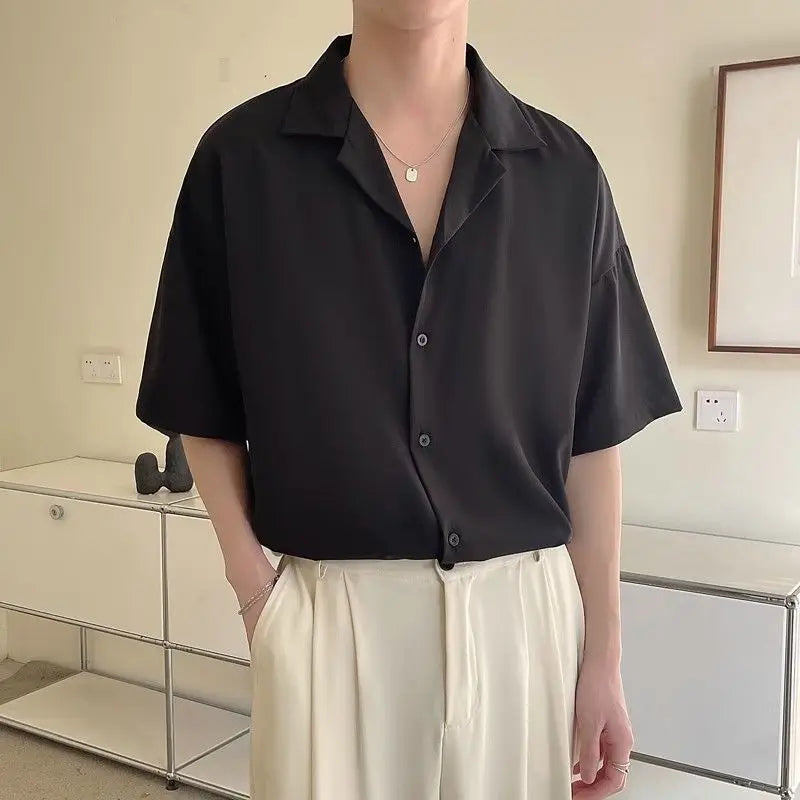 Korean Fashion Men Cuban Collar Short Sleeve Shirt Men Summer Solid Color Business Casual Loose Drape White Dress Shirt