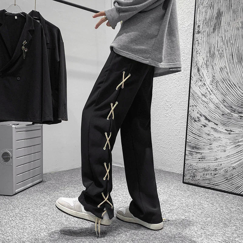saferido Casual Straight Wide Leg Pants Breathable High Street Trend Loose Casual Cargo Pants Plaid Black Rope Decorative Trousers Spring
