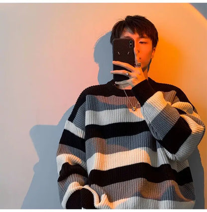 saferido Autumn Winter Sweater Men Pullover Korean Style Male Striped Sweater Loose Knitted Sweater Trend Thick Top Mens Clothing