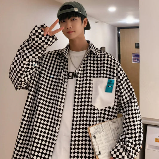 saferido High street ins checkerboard long sleeved shirt men's spring clothes plus fat plus size trendy fat people loose casual coat