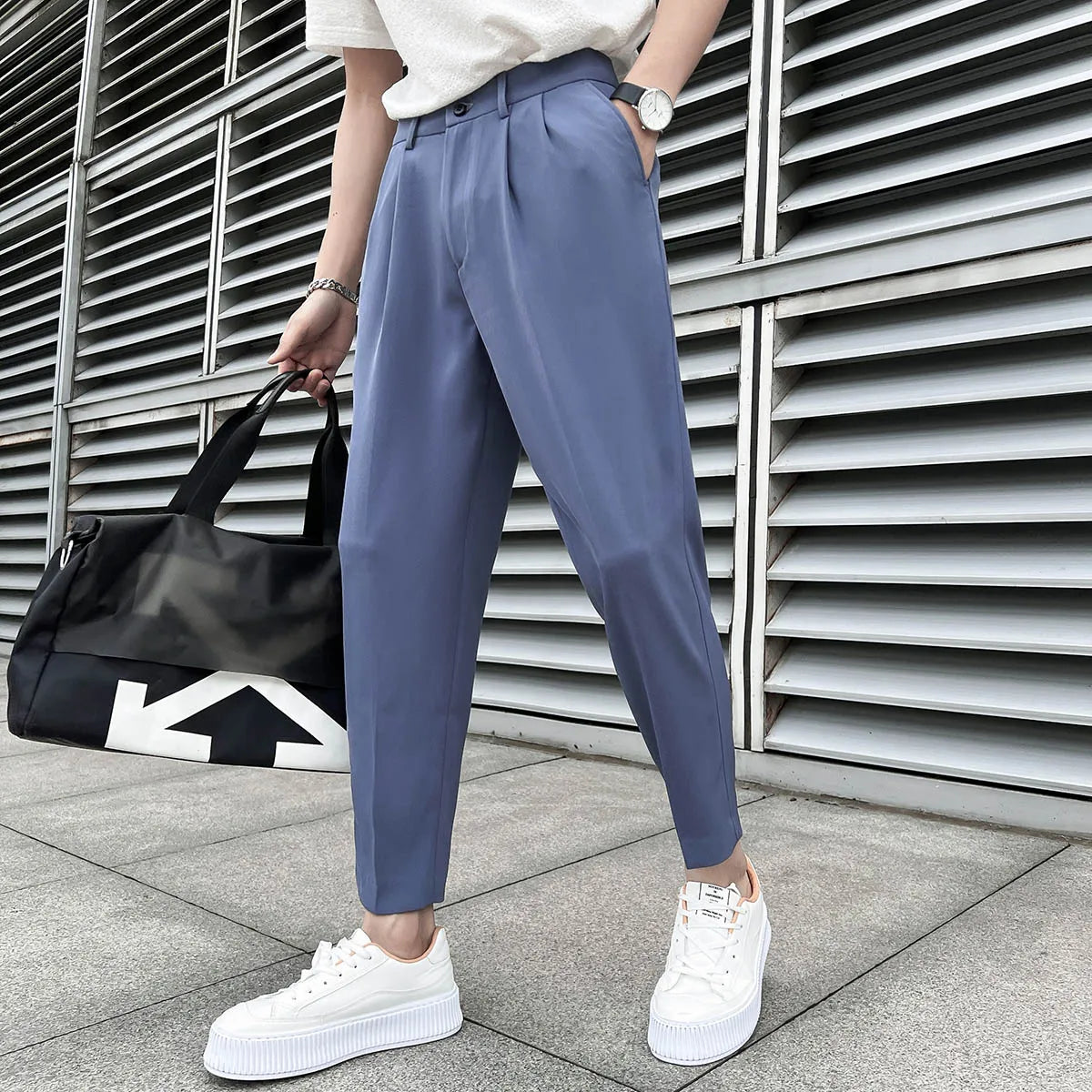 saferido Korean Business Solid Color Stretch Trousers Casual Pants Black Grey Mens Pants Office Trousers Men Tight-ankle Hombre 36