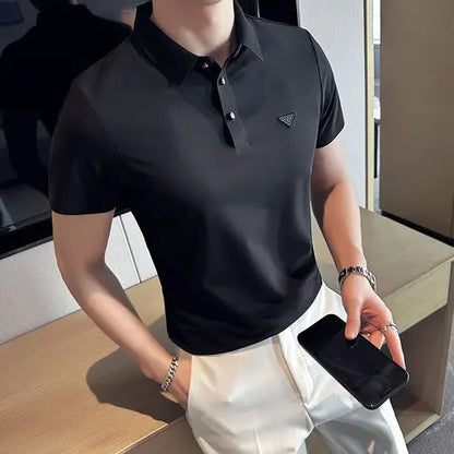 saferido British Style Men's High Elastic Ice Silk Dark Striped Lapel Polo Shirt Golf Casual Slim Fit Short Sleeve Shirt Khaki
