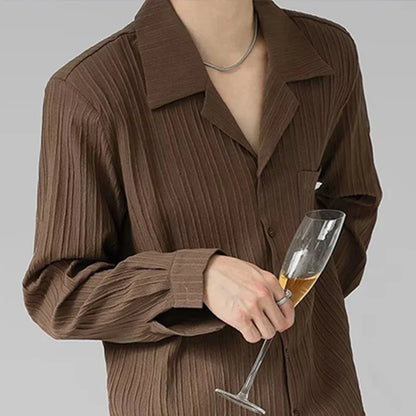 Spring Clothing Men's Korean Casual Luxury Texture Shirts Vintage Loose Suit Collar Buttons Solid Color Long Sleeve