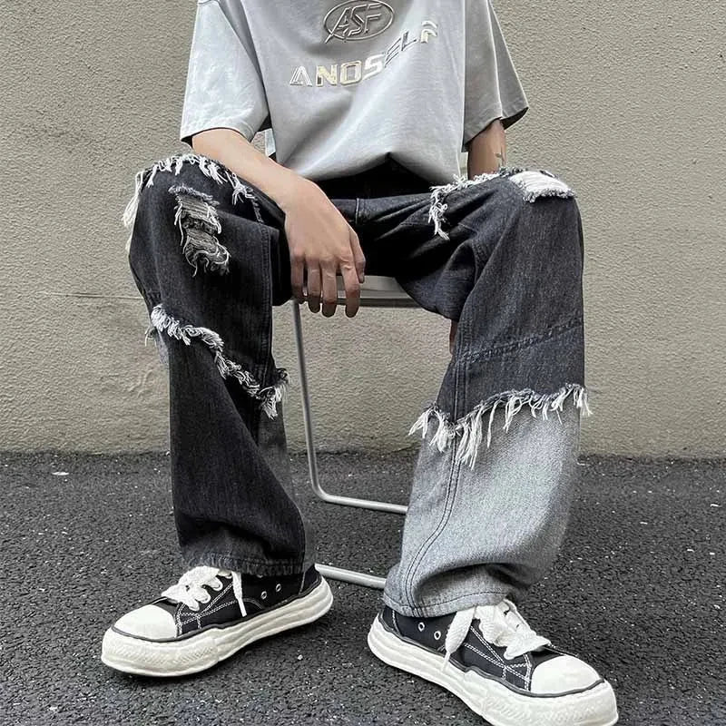 saferido American Style Fringed Denim Pant Tide Small Group Stitching Harajuku Wind Loose Stitching Burr High Street Casual Y2k Pants Men