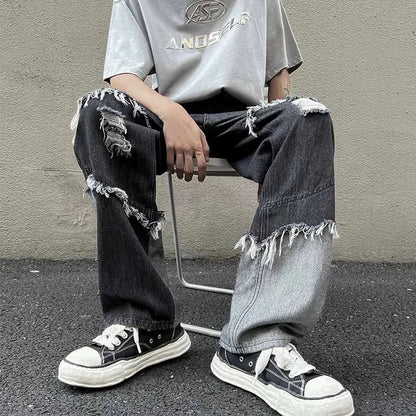 saferido American Style Fringed Denim Pant Tide Small Group Stitching Harajuku Wind Loose Stitching Burr High Street Casual Y2k Pants Men