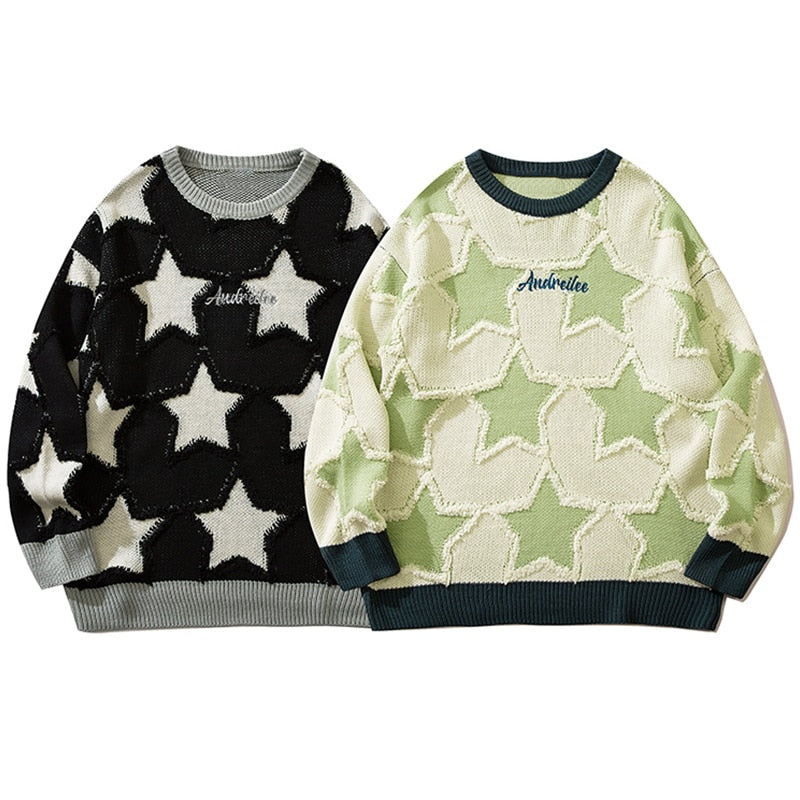 Vintage Five Pointed Star Sweater For Men Winter Retro Hip Hop Knitwear Pullover Knitted Streetwear Women Oversized Sweater