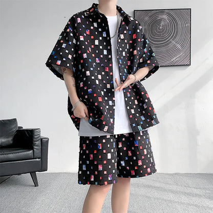 saferido Summer Plaid Sets Men Fashion Oversized Short Sleeved Shirt/Shorts Two-piece Men Streetwear Loose Hollow Out Set Mens Short Sets