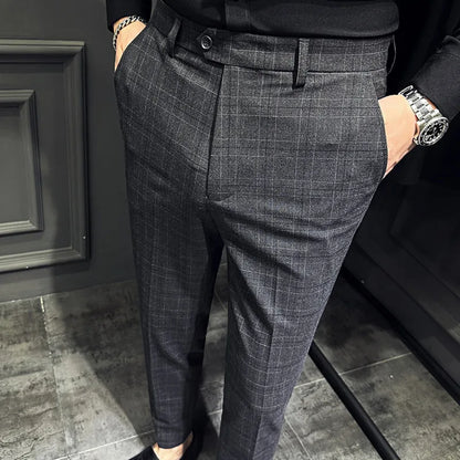 saferido Men Slim British Style Suits Pants Business Casual Trousers Male Solid Fit Trousers High Quality Man Formal Wear Plaid 36 38