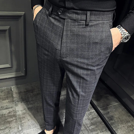 saferido Men Slim British Style Suits Pants Business Casual Trousers Male Solid Fit Trousers High Quality Man Formal Wear Plaid 36 38