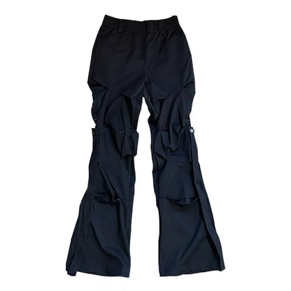 High Street Pleated Overalls Men's Pants Fashion Loose Straight Button Casual Male Trousers Solid Color Darkwear