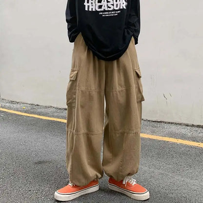 saferido Khaki Cargo Pants Men Elastic Waist Baggy Trousers Fashion Overalls Oversized Bottoms Summer Vintage Male Y2K Clothes Streetwear