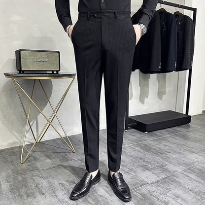saferido Korean style Fashion Striped Suit Pants for Men Formal Business Dress Pants Korean Slim Fit Classic Casual Trousers 36 38