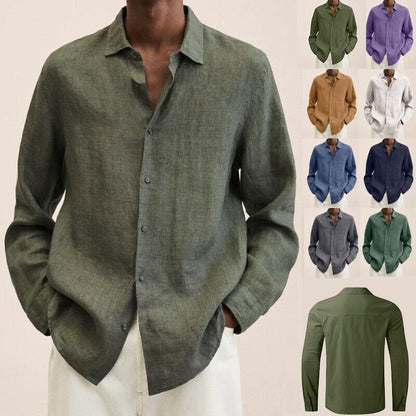 Spring Fashion Men Long Sleeve Shirt Cotton Solid Color Lapel Loose Shirt Tops Casual Handsome Men's Shirts