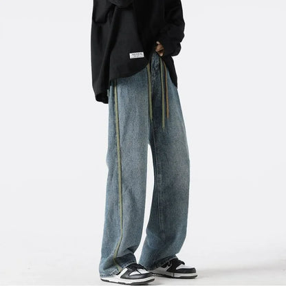 saferido American High Street Trend Fashion Street Wide Jeans Men's Drawstring Pocket Patchwork Folds Washed Casual Loose Straight Pants