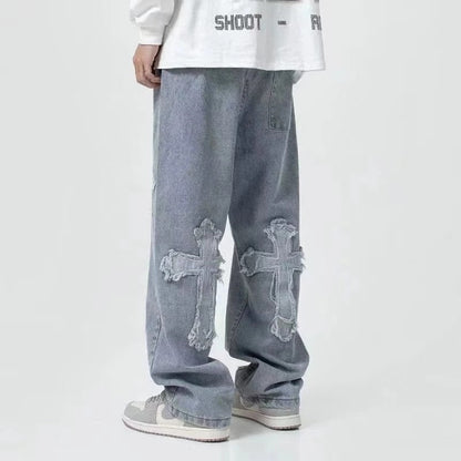 Streetwear Hip Hop Low Rise Baggy Jeans For Men Korean Y2k Fashion Trousers Cross Denim Pants Women Cargo Pants Punk Clothes