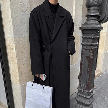 saferido Men's And Mixtures Coat Autumn Winter Mid Long Thickened Korean Trend Loose Overcoat Male New Bandage Waist
