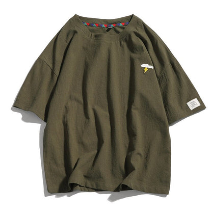 Summer New Men's Short-Sleeved T-shirt Cotton and Linen Casual Men's T Shirts Male Breathable Loose Hip Hop Embroidery Top Tees