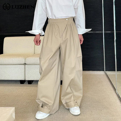saferido Original Pleated Splicing Design Plain Straight Pants 2024 Spring New Men's Fashion Loose Street Wide Leg Trousers