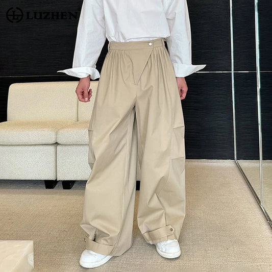 saferido Original Pleated Splicing Design Plain Straight Pants 2024 Spring New Men's Fashion Loose Street Wide Leg Trousers