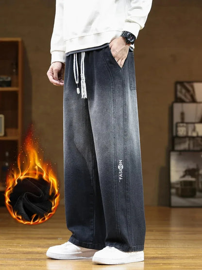 saferido Winter Men's Oversized Jeans Thicken Velvet Warm Denim Pants Wide-Leg Straight Thermal Fleece Baggy Jean Trousers