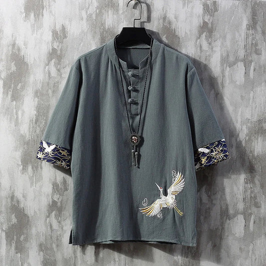 saferido Chinese Style Disc Button Linen T-shirt Mens Summer Short-sleeved Tang Shirt Loose Large Size T-shirt Japanese Kimono Men New