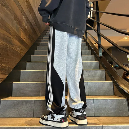 saferido Baggy Casual Side Stripe Men Sweatpants Thicken Warm Korean Style Patchwork Color Clash Sports Pants Harajuku Man Trousers