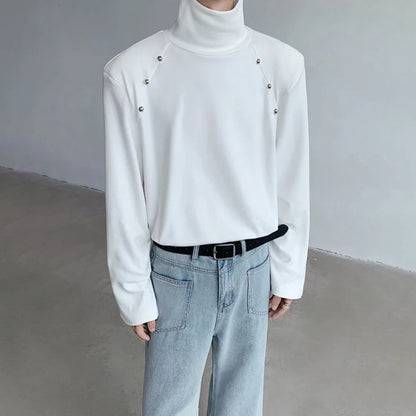 saferido Rivet High Collar White Y2k Long-Sleeved T-Shirt Mens Spring And Autumn Street Fashion Casual Inner Bottoming Shirt Pullover Top