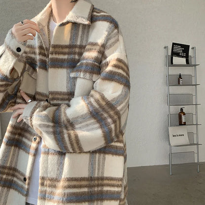 saferido Plaid Woolen Coat Men Warm Fashion Retro Thicken Woolen Jacket Men Streetwear Korean Loose Short Woolen Coat Mens Thick Jackets