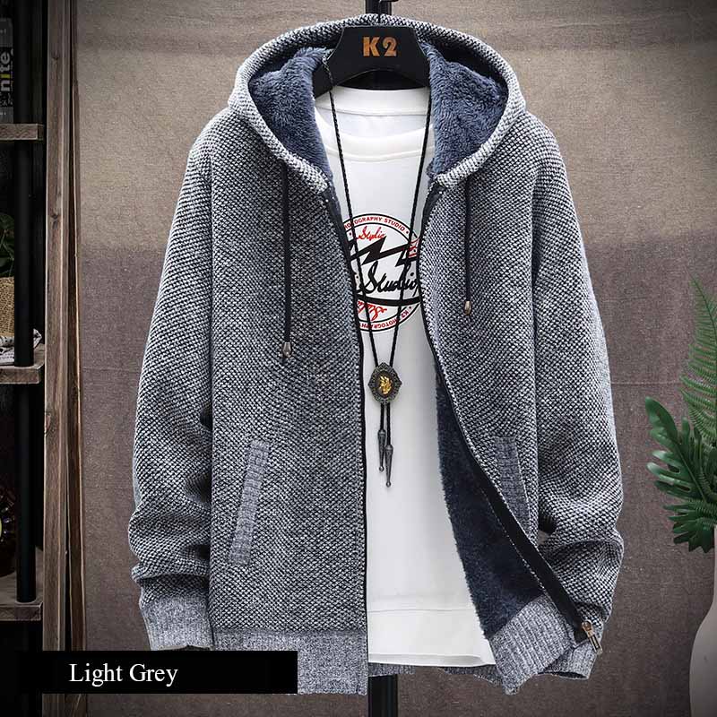 Hooded Cardigan Knitted Sweater Mens Solid Color Thick Fleece Wool Casual Knitwear Male Clothing Sweaters for Men