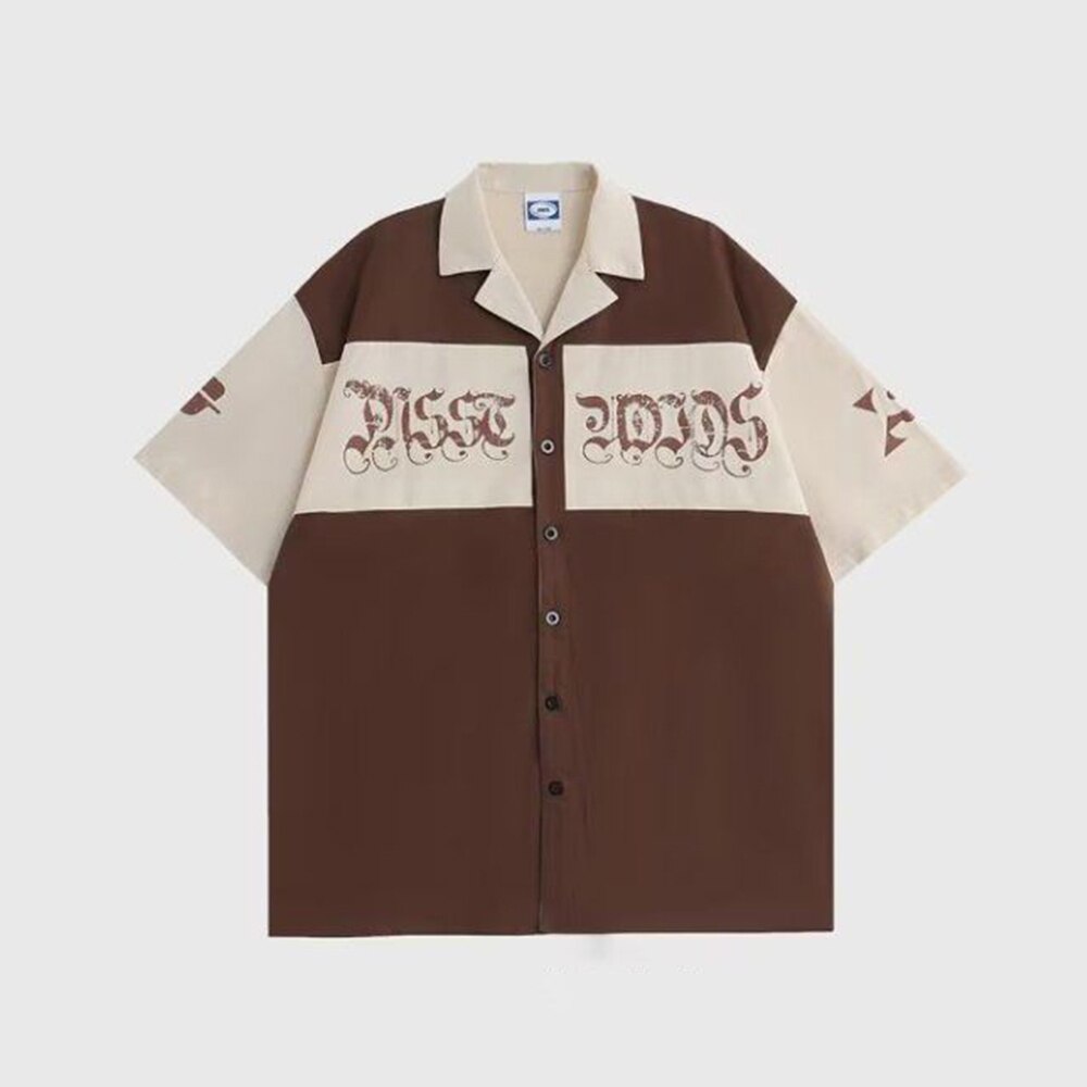 Summer New Hiphop Shirt Y2K Lapel Fashion Color Contrast Splicing Tooling Loose Short-sleeved Shirt Top Men's Clothing