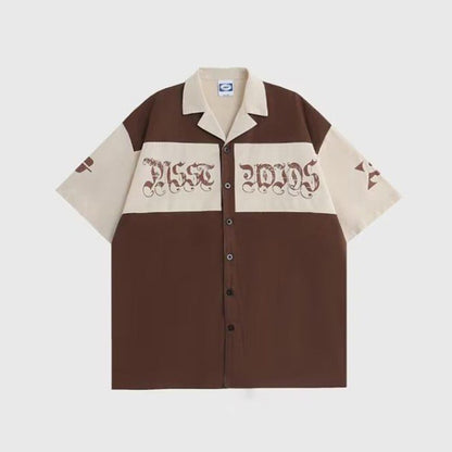 Summer New Hiphop Shirt Y2K Lapel Fashion Color Contrast Splicing Tooling Loose Short-sleeved Shirt Top Men's Clothing