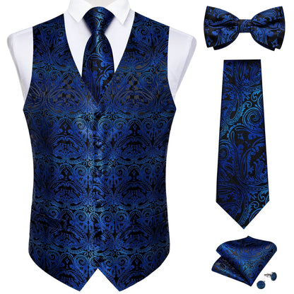 Men Black Paisley Vest Necktie Bowtie Pocket Square Cufflinks Dress Set Classic 5 PCS Business Waistcoat for Man