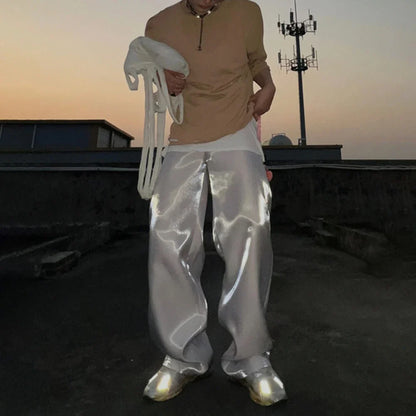 saferido Y2k Street Glossy Satin Trousers Men's Spring and Summer Loose Casual Pants Tide Brand Fashion Solid High Waist Wide Leg Pants