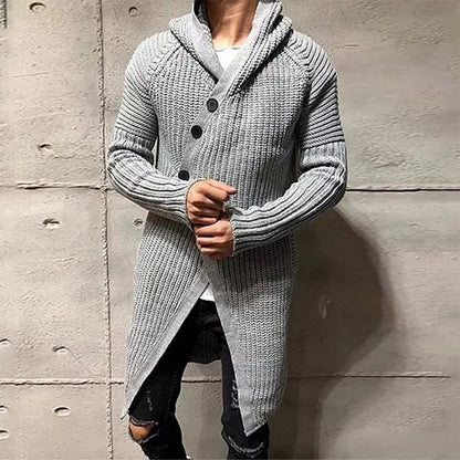 Men Button-up Long Sweater Overcoat Mens Winter Fall Long Sleeve Knit Hooded Cardigans Coat Fashion Solid Long Knitted Jackets